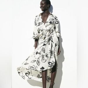 Zara Women’s Small Floral cream & Black Shirtdress Dress NEW w tags